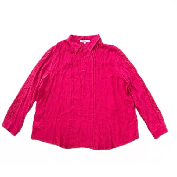 Sweet Rain Tops - Sweet Rain Women's Pleated Embroidered Long Sleeve Button Down Blouse Fuchsia 3X